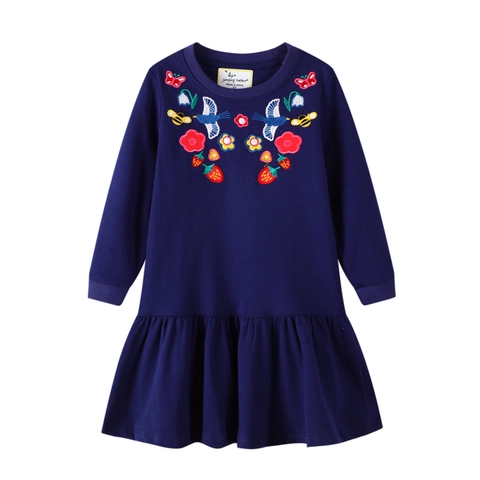 Girls Long Sleeve Cotton Dress Floral Bird Embroidery Ruffle Hem Round Neck Sweet Princess Dresses For Kids Spring Autumn