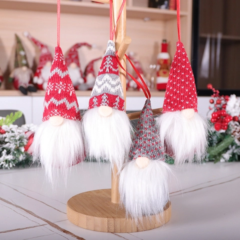 Christmas Gnome Hanging Ornaments Knitted Faceless Doll Pendants With Faux Fur Beard For Holiday Tree Decoration