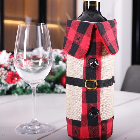 Christmas Wine Bottle Cover Buffalo Plaid Burlap Jacket Design With Belt Buckle Button Table Decoration