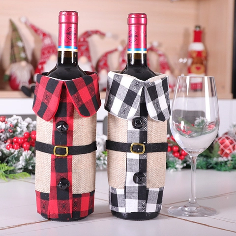 Christmas Wine Bottle Cover Buffalo Plaid Burlap Jacket Design With Belt Buckle Button Table Decoration