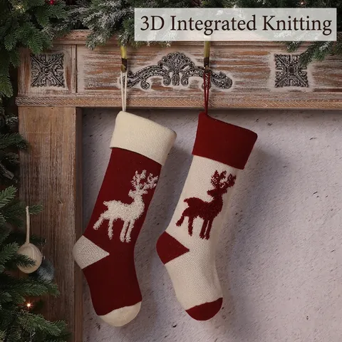 Christmas Stockings Knitted Acrylic Reindeer Pattern Hanging Fireplace Decor Gift Candy Bag Holiday Warm Soft