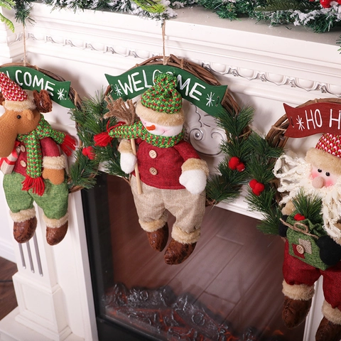 Ghirlanda Di Natale Decorazione Da Appendere Anello In Rattan Con Peluche Babbo Natale Pupazzo Di Neve Renna Segnale Benvenuto