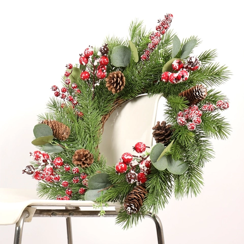 Christmas Wreath Artificial Pine Frosted Red Berry Pine Cone Eucalyptus Front Door Wall Hanging Festive Decoration