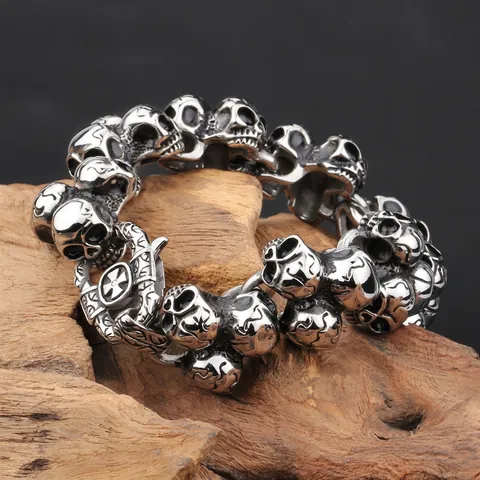 Bracciale Con Teschi Da Uomo Retro Punk Gotico Acciaio Inossidabile 316L Gioielli Biker Chiusura A Croce Ipoallergenico