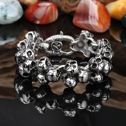 Bracciale Con Teschi Da Uomo Retro Punk Gotico Acciaio Inossidabile 316L Gioielli Biker Chiusura A Croce Ipoallergenico