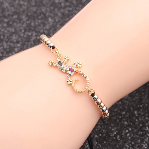 Gecko Bracelet Copper Gold Plated Colorful Cubic Zirconia Adjustable Lizard Charm Fashion Jewelry For Women