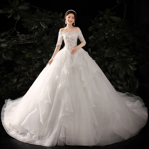 Elegantes Schulterfreies Hochzeitskleid Spitze Pailletten Lange Schleppe Hohe Taille Tüll Brautkleid Für Damen Prinzessinnenstil