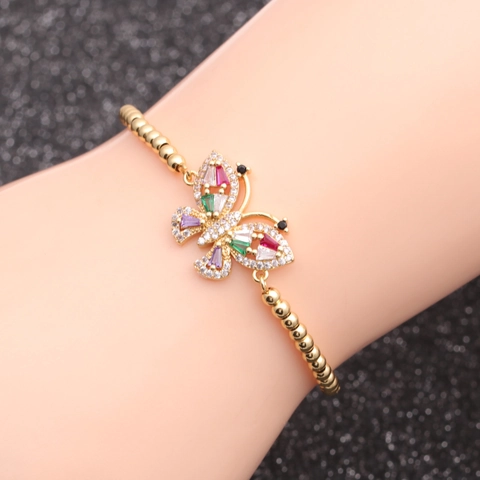 Bracciale Farfalla Rame Micro Pavè Zirconia Cubica Colorata Catena Perline Regolabile Gioielli Moda Bohemia Per Donne