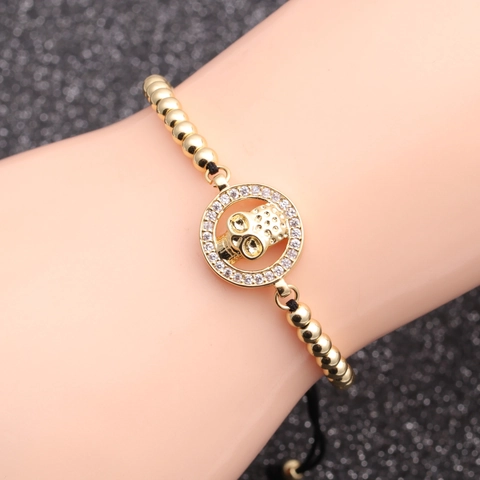 Pulsera De Calavera Con Circonita Micro Pavé Cuentas De Cobre Cordón Trenzado Negro Ajustable Joyería Punk Hombre