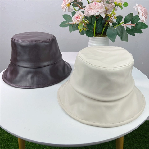 PU Leather Bucket Hat Solid Color Winter Warm Street Style Retro Plain Fisherman Cap For Men Women Adjustable