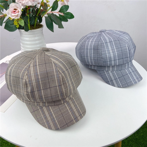 Retro Plaid Newsboy Cap For Women Cotton Octagonal Hat Vintage Autumn Winter Warm Adjustable Painter Hat