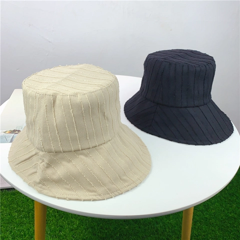 Chapeau Bob En Coton Rayé Pour Femme Large Bord Protection Solaire Texture Style Pastoral Extérieur
