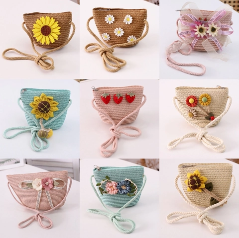 Kids Straw Crossbody Bag Woven Mini Purse Sunflower Flower Strawberry Decor Summer Beach Vacation Girls Accessories