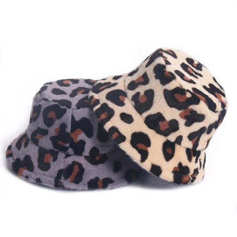 Cappello Alla Pescatora Con Stampa Leopardata Pelliccia Sintetica Di Coniglio Caldo Inverno Peluche Morbido Moda Donna