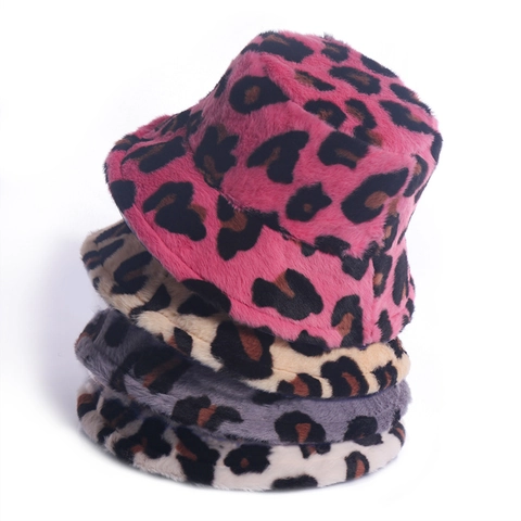 Cappello Alla Pescatora Con Stampa Leopardata Pelliccia Sintetica Di Coniglio Caldo Inverno Peluche Morbido Moda Donna