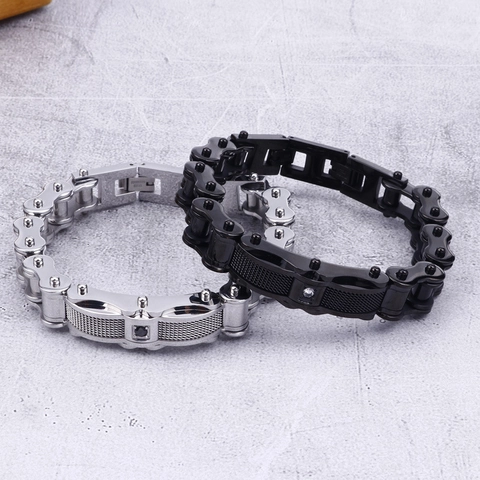 Stainless Steel Men Chain Bracelet With Cubic Zirconia Biker Motorcycle Mechanical Industrial Style Jewelry For Men