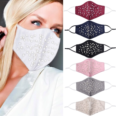 Modische Dekorative Gesichtsmaske Satinstoff Elegante Imitationsperlen Atmungsaktiv Verstellbare Ohrschlaufen Für Damen