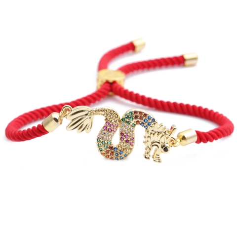 Dragon Bracelet Chinese Zodiac Gold Plated Copper Multi Color Cubic Zirconia Adjustable Braided Rope Chain Jewelry Gift