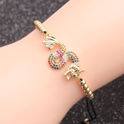 Dragon Bracelet Chinese Zodiac Gold Plated Copper Multi Color Cubic Zirconia Adjustable Braided Rope Chain Jewelry Gift