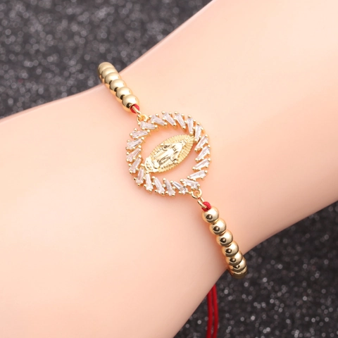 Bracelet Religieux Vierge Marie Cuivre Zircon Inlay Corde Tressée Rouge Ajustable Bijoux Pour Femmes