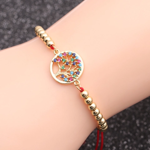 Tree Of Life Bracelet Copper Zircon Colorful Rhinestone Red Woven Rope Adjustable Pull String Bohemian Jewelry