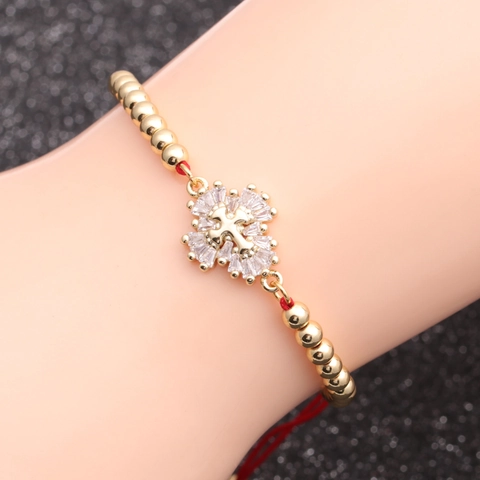Pulsera Colgante Cruz Cuentas Cobre Chapadas Oro Zirconia Cordón Rojo Ajustable Joyería Para Mujeres Hombres