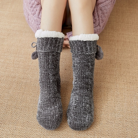Calze da Casa in Acrilico a Treccia da Donna Calde Calzini da Pavimento Interni Foderati in Pile Con Pompon Spessi Termici