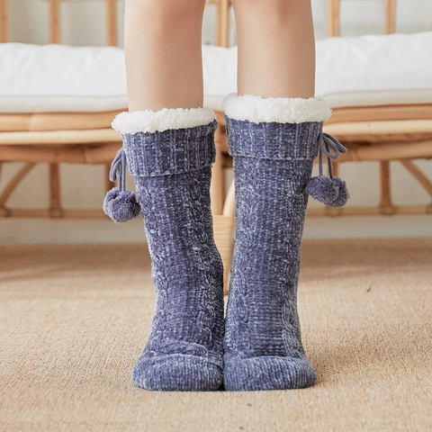 Calze da Casa in Acrilico a Treccia da Donna Calde Calzini da Pavimento Interni Foderati in Pile Con Pompon Spessi Termici