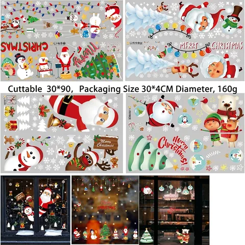 Christmas Window Wall Stickers PVC Removable Santa Claus Snowman Reindeer Snowflake Decor For Glass Shop Home Holiday