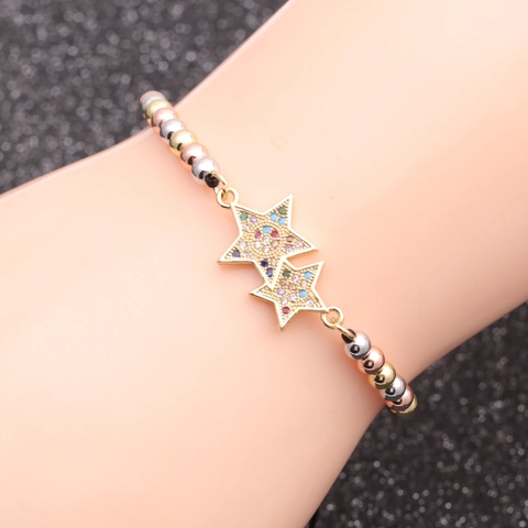 Double Five Pointed Star Bracelet Copper Micro Pave Colorful Cubic Zirconia Adjustable Chain Jewelry For Women Men