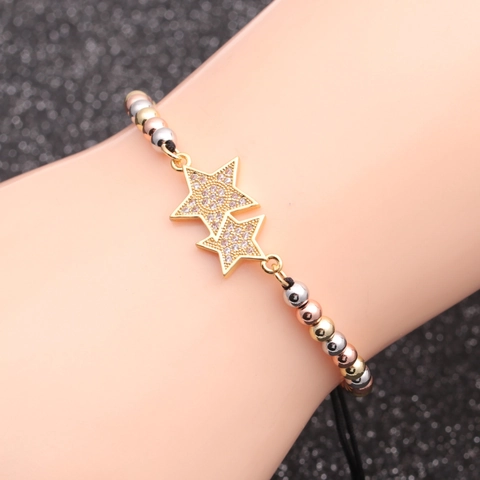 Micro-Pave-Zirkon-Doppelstern-Armband Kupfer-Metallperlen Verstellbare Schiebeschnalle Kettenschmuck Mode Frauen