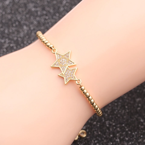 Micro-Pave-Zirkon-Doppelstern-Armband Kupfer-Metallperlen Verstellbare Schiebeschnalle Kettenschmuck Mode Frauen