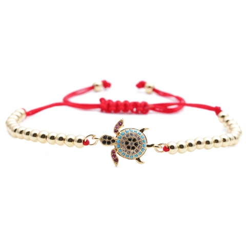 Bracciale Ciondolo Tartaruga Micro Zircone Colorato Ottone Perline Oro Corda Intrecciata Rossa Regolabile Gioielli