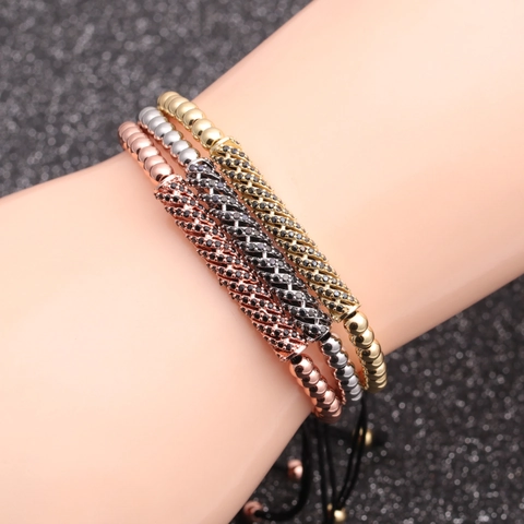 Micro Pave Zirconia Curved Cylinder Bead Bracelet Copper Luxury Adjustable Braided Rope Jewelry For Men Women