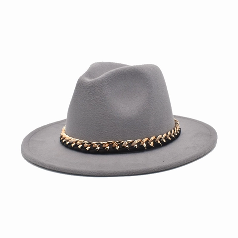 Wool Felt Fedora Hat With Gold Metal Chain Wide Flat Brim Vintage Jazz Cap For Women Men