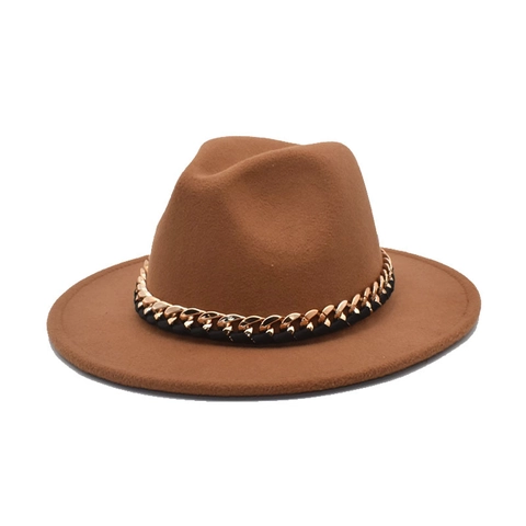 Wool Felt Fedora Hat With Gold Metal Chain Wide Flat Brim Vintage Jazz Cap For Women Men