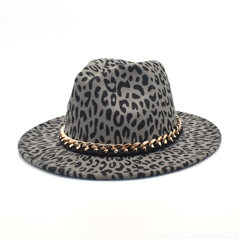 Mode Leopard Fedora Hut Wollener Breitkrempiger Jazzhut Mit Goldkette Dekoration Für Damen Vintage Stil