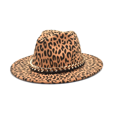 Mode Leopard Fedora Hut Wollener Breitkrempiger Jazzhut Mit Goldkette Dekoration Für Damen Vintage Stil
