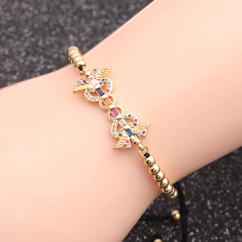 Pulsera Con Dije De Caduceo Cobre Micro Pavé Circón Colorido Chapado En Oro Cuerda Trenzada Ajustable Joyería Unisex