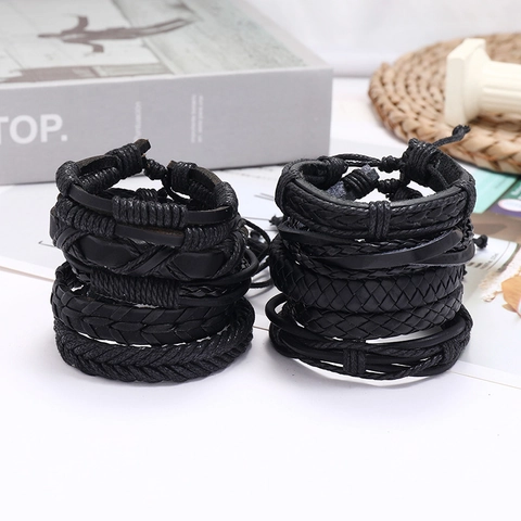 Combinaison Bracelet En Cuir Tissé Rétro Vintage Ajustable Cuir De Vachette Corde De Cire Chanvre Punk Multi-couches Hommes Femmes