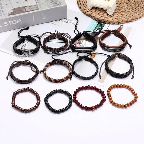 Heren Vintage Meerlaagse Armband Leer Houten Kralen Gevlochten Hennep Touw Levensboom Veer Kompas Legering Hanger Punk