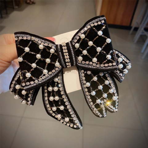 Elegant Bow Hair Clip Velvet Rhinestone Faux Artificial Pearl Grid Design Sparkling French Retro Hairpin For Women Party Wear