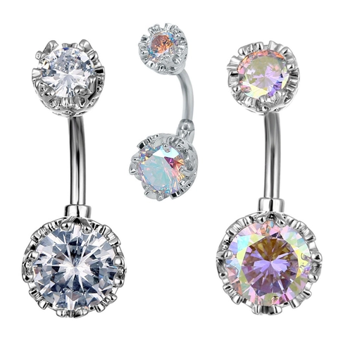 Navel Belly Ring Round Cubic Zirconia 316 Surgical Steel Body Piercing Jewelry For Women Sparkling Crown Setting