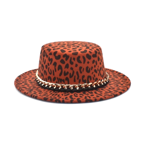 Luipaardprint Flat Top Fedora Hoed Wolvilt Brede Rand Gouden Metalen Ketting Vintage Jazz Boater Pet Voor Dames Heren
