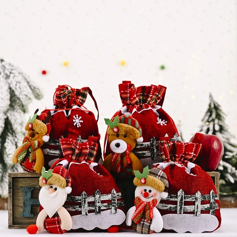 Christmas Gift Bags Linen Drawstring Candy Pouches With 3D Santa Snowman Elk Bear Handheld Holiday Party Favors Decor