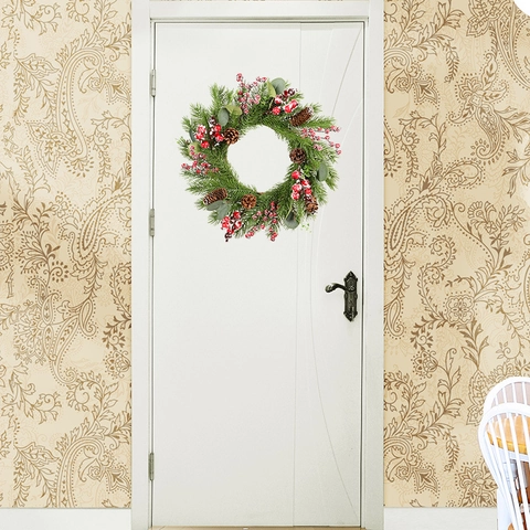 Christmas Wreath Artificial Pine Frosted Red Berry Pine Cone Eucalyptus Front Door Wall Hanging Festive Decoration