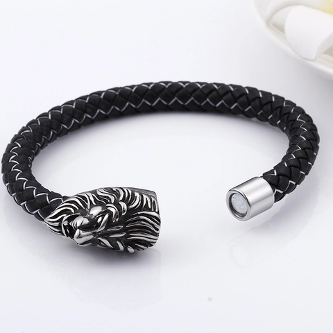 Men Braided Leather Bracelet With Stainless Steel Lion Skull Head Retro Punk Bangle Jewelry Gift For Male