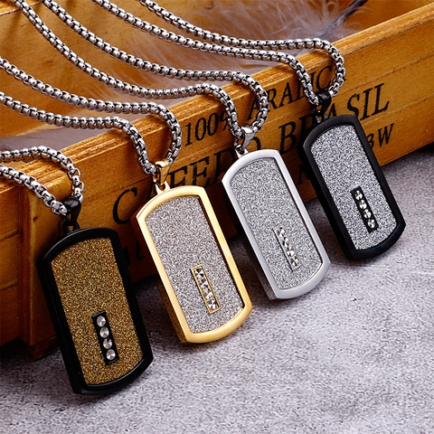 Herren Anhänger Halskette 316L Edelstahl Dog Tag Matt Glitzer Mit Kristall Punk Hip Hop Schmuck Geschenk Für Ihn