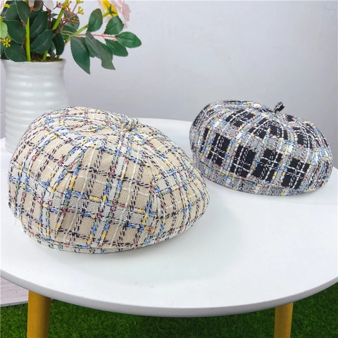 Berretto In Tweed A Quadri Da Donna Cappello Da Pittore Colorato Elegante Accessorio Moda Autunno Inverno