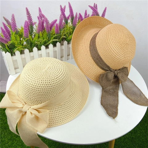 Women Straw Sun Hat Breathable Wide Brim Ribbon Bow Sunshade Beach Vacation Summer Elegant Headwear